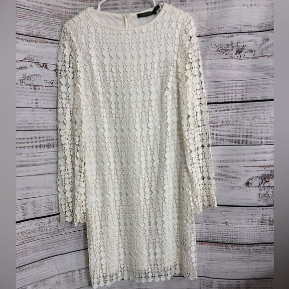 Lauren Ralph Lauren Dress womens size 8 cushion cut Lace white Geometric sheath - Picture 3 of 11